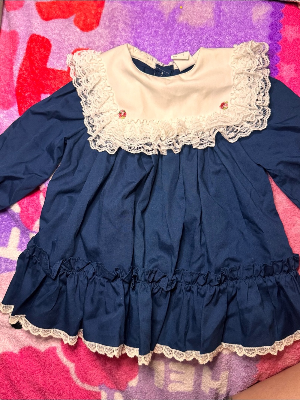 Vintage Bryan Girls Navy Blue Lace-Trim Long Sleeve Top